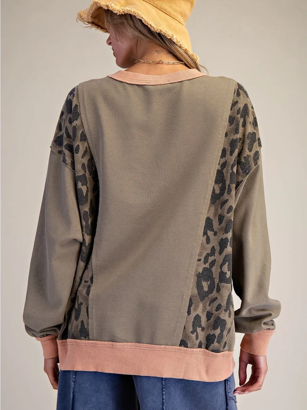 332. EASEL Olive Leopard-Panel Sweatshirt with Denim Appliqué